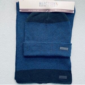 NWT Kenneth Cole Reaction Mens Blue Marled Beanie and Scarf Set 45KC080002 New